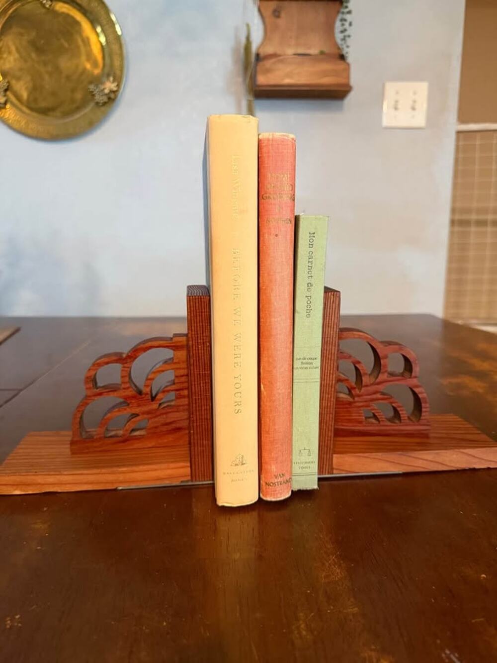 Vintage Cedar Wood Bookends with Brushed Metal Bases – Mid-Century Style Pair